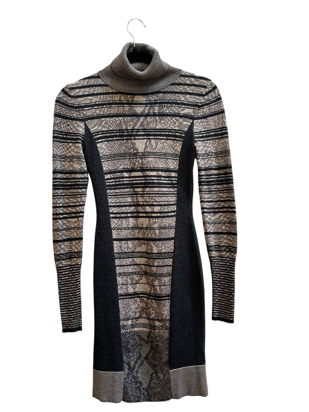 Karen Millen Size 1 Snakeskin Print Knit Turtleneck Mini Dress Bodycon Urbanchic - Picture 2 of 5